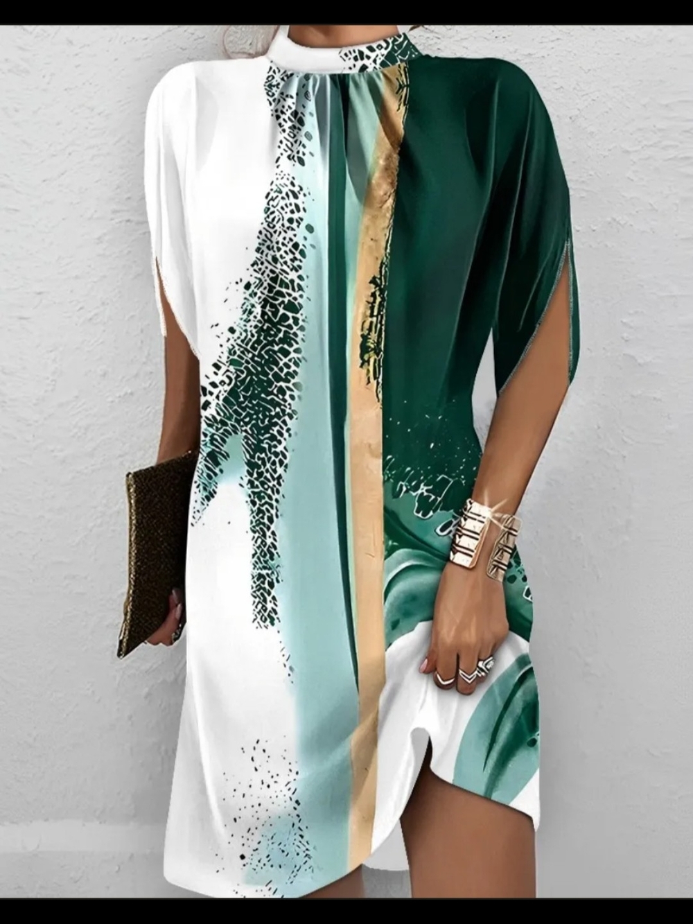 White & Forest Green Abstract Print Shift Dress